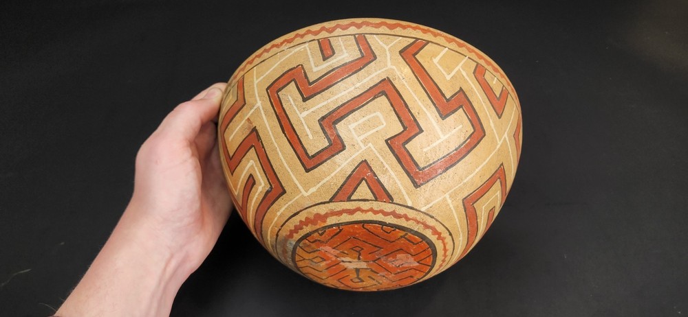 Vintage Peru Shipibo-Conibo Polychrome Earthenware Pottery Rattle Bowl 9.5"