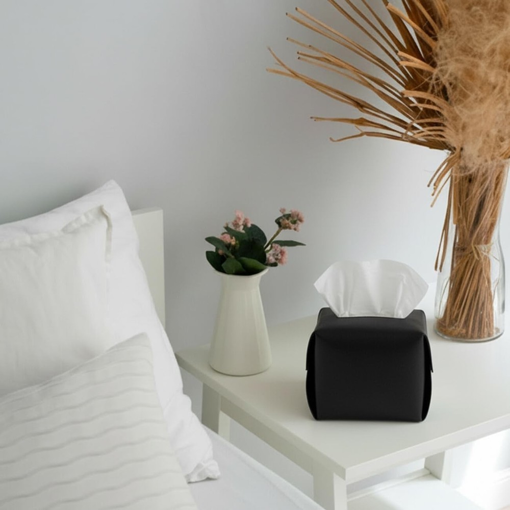 Square Leather Tissue Box Organizer - Versatile for Bathroom, Vanity & Desk