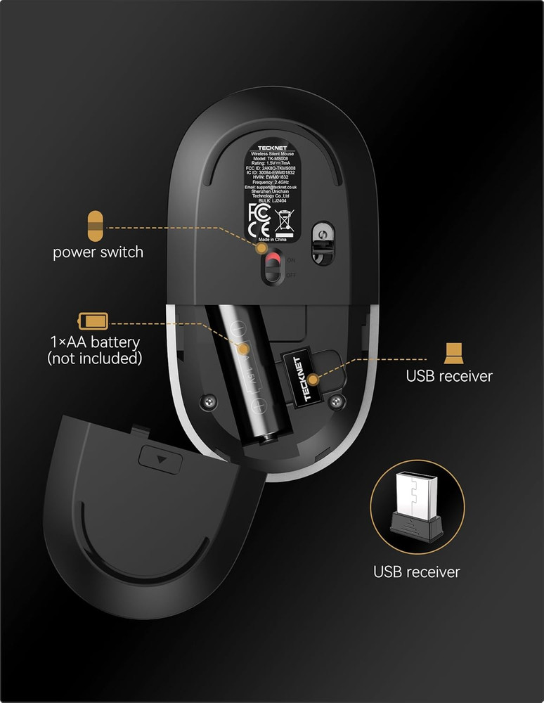 TECKNET Computer Mouse, 2.4Ghz Silent USB-A Wireless Mouse, 4800 DPI Ambidextrou