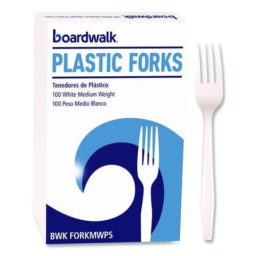 Boardwalk Mediumweight Polystyrene Cutlery, Fork, Plastic, White, 100/Box, 10/CT
