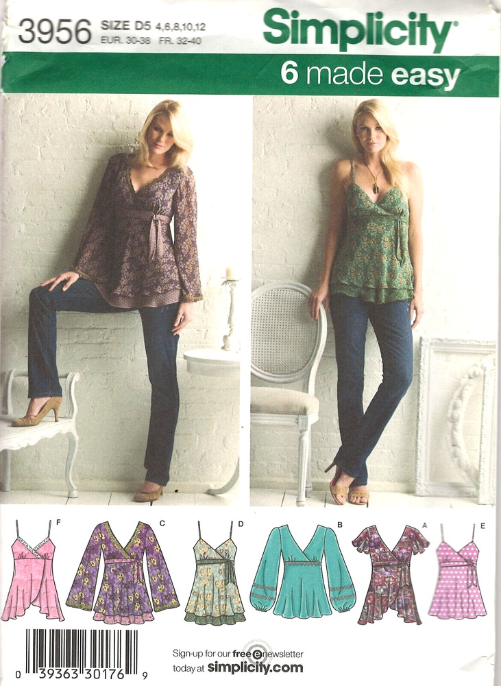 SIMPLICITY 3956 Blouse/6 Made Easy/SEWING PATTERN 4-12 or 12-20 UNCUT