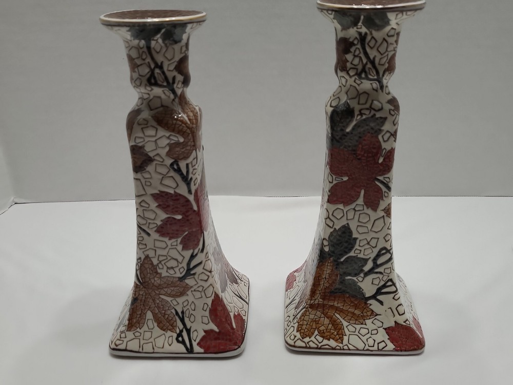 Vintage Hand Painted Fall Leaf Pattern Textured Candlestick Holder