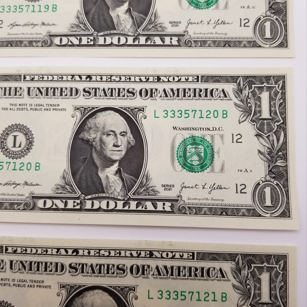 Misaligned Miscut Dollar Bill Sequential (Lot) Consecutive $1 US Series 2021 L