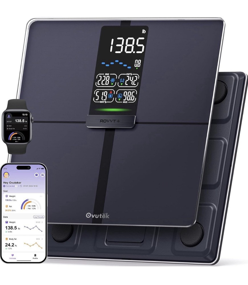 Ovutek ROYYT+ Smart Body Analyzing Digital Glass Scale, Bluetooth Sync, Black