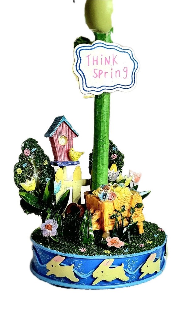 Vintage Easter "THINK SPRING" Tree With 21+ HAND PAINTED ORNAMENTS. 17" Tall