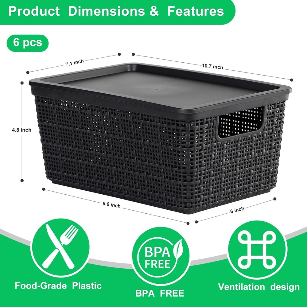 6 Pack Plastic Storage Baskets With Lids,Black Breathable Stackable Storage Bins