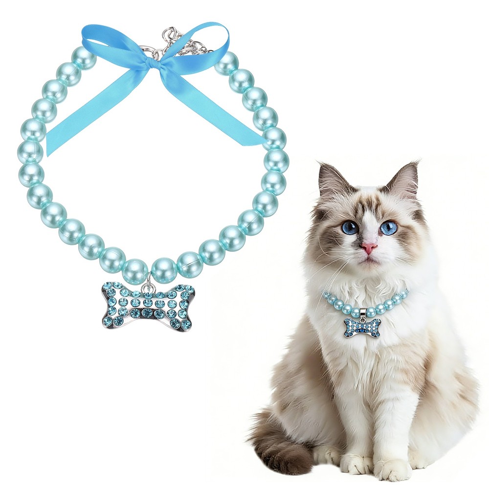 Cat Dog Pearl Collar, Small Bow Shape(M, Blue)