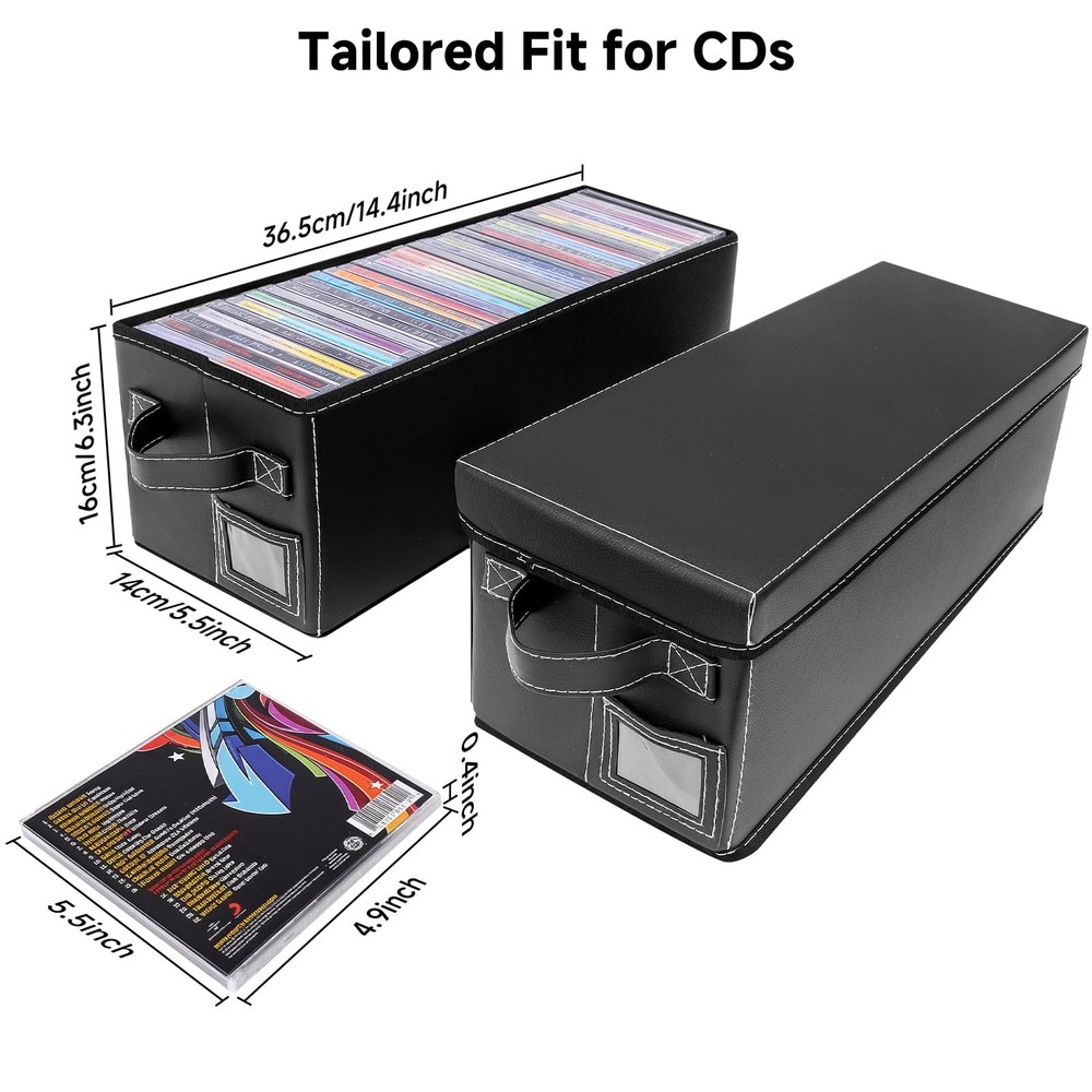 2 PCS Black Faux Leather CD Storage Case Box Lid Handle Organizer Stackable