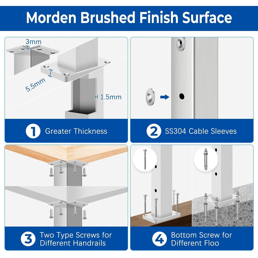 42" Brushed Corner Post for Deck Cable Railing Kit System, Stainless Steel T3...