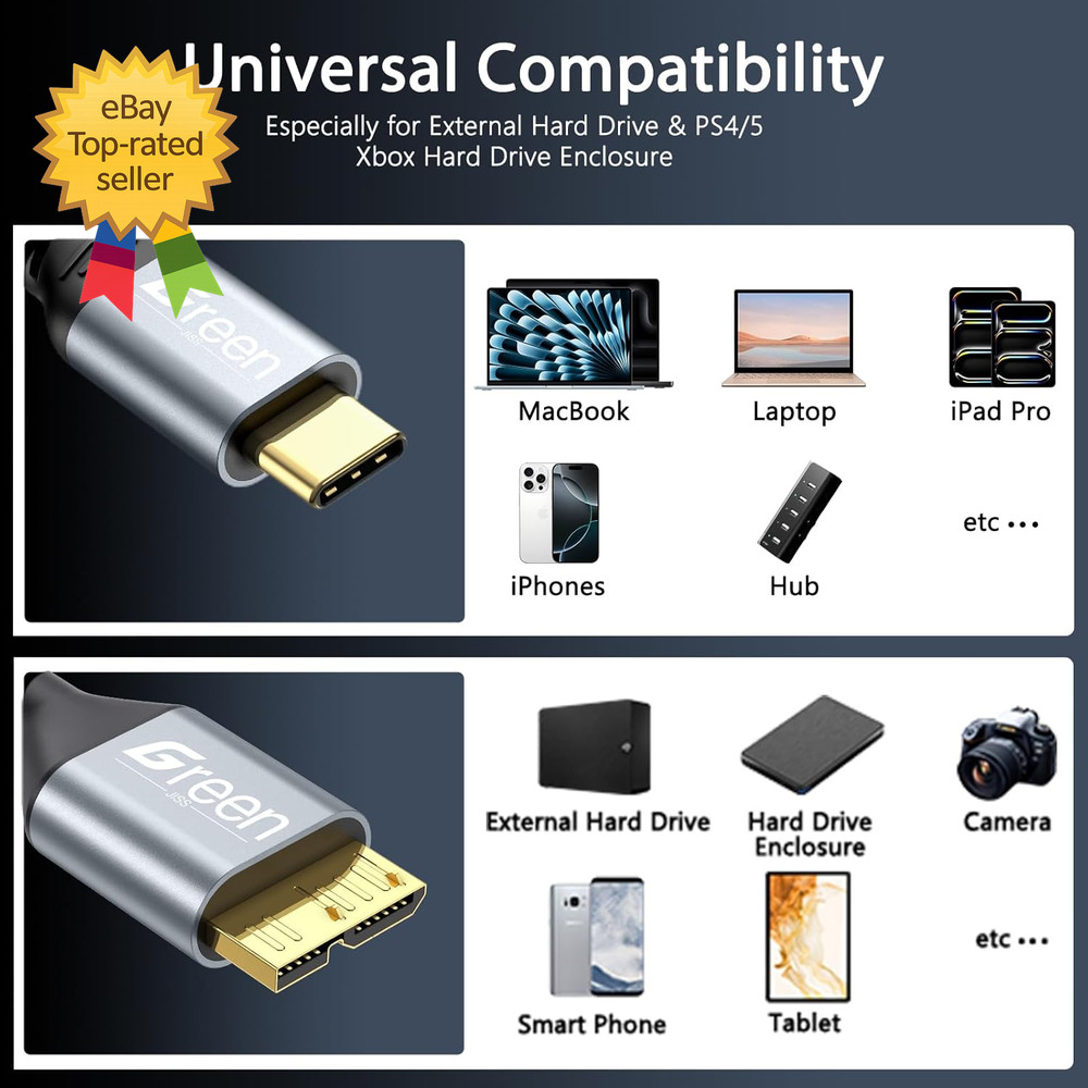 ® 10 Gbps Micro B to USB C Cable 1Ft External Hard Drive Cable