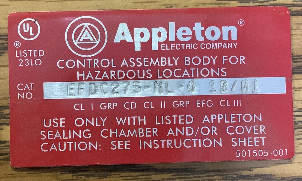 Appleton EFDC275-NL-0 10/01 Control Assembly Body