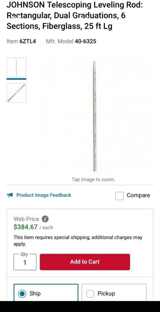Johnson Telescoping Leveling Rod Rectangular Dual Graduations, 6 sections, Fiber