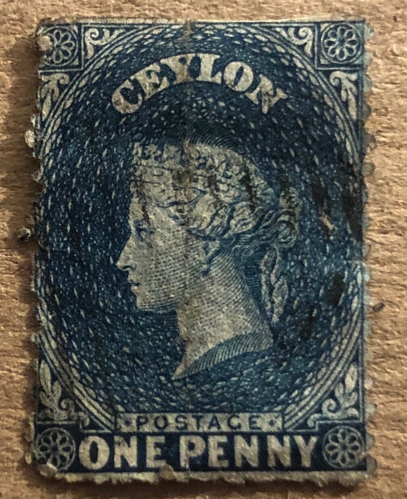 TC1    Ceylon 1863 1 penny blue stamp  rough perf