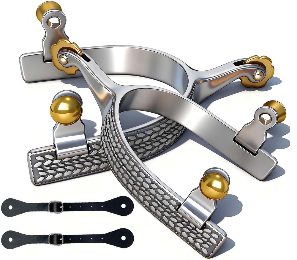 Professional Horse Spurs with Roller & Wheat Engraving, Includes 2 Leather St...