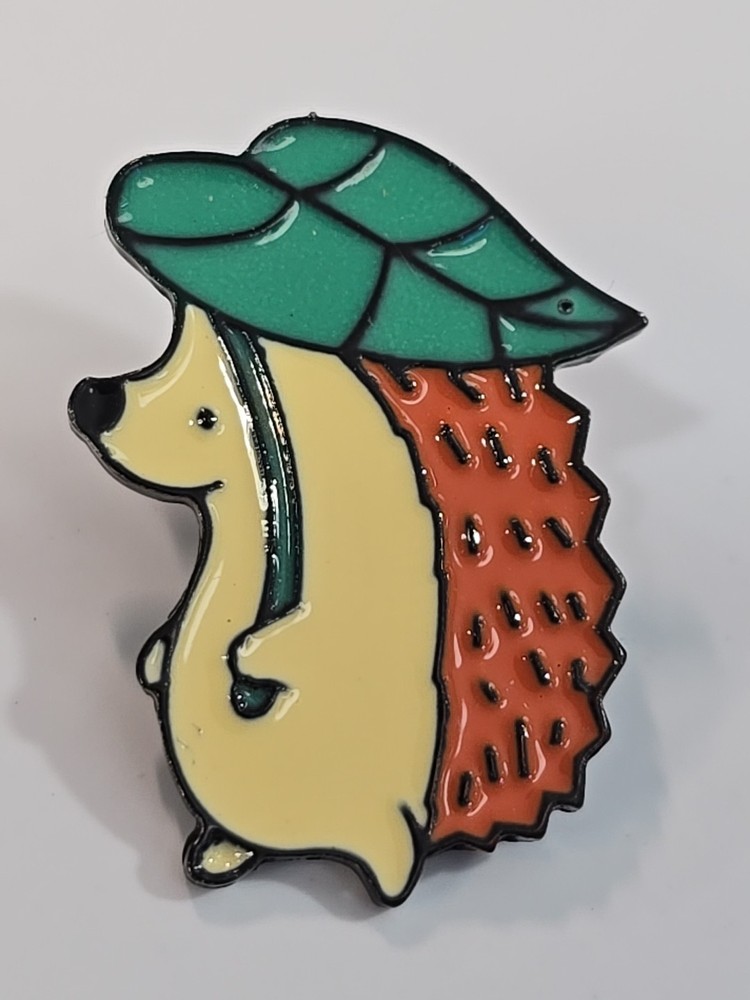 Hedgehog With Green Leaf Lapel Pin