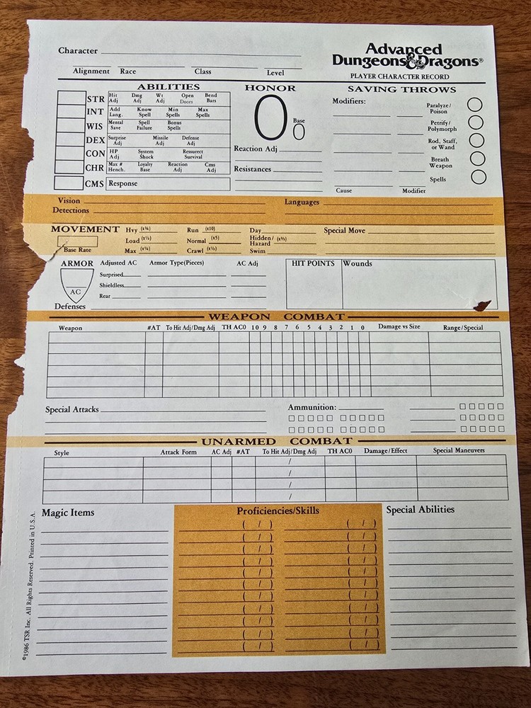 AD&D 1st Edition REF2 Player Character Record Sheet Singles TSR