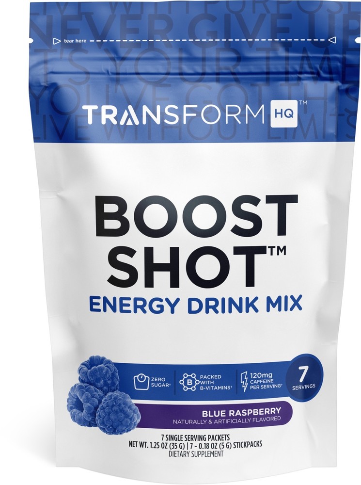 TransformHQ Boost Shot Powder Stick Packets, Blue Raspberry Energy - 7 Pack