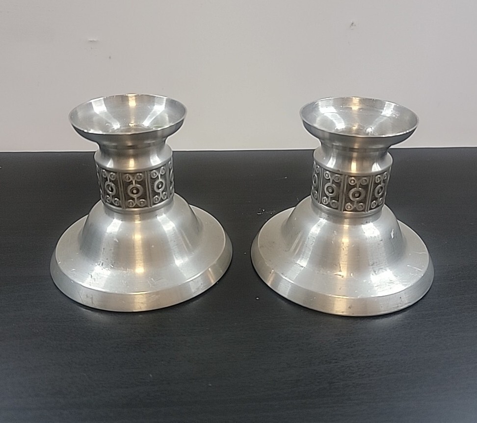 Norwegian Haugrud Traditional Pewter Silver Candle Holders Scroll 2 Pc