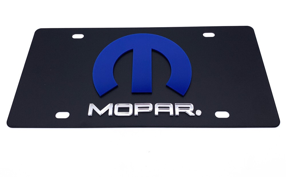 3D Premium Blue Mopar "M" Logo & Script Emblem Black License Plate - Licensed