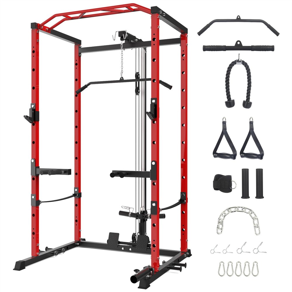 🔥1600LBS Power Cage with LAT Pulldown Multi-Functional Power Rack with J-Hook T