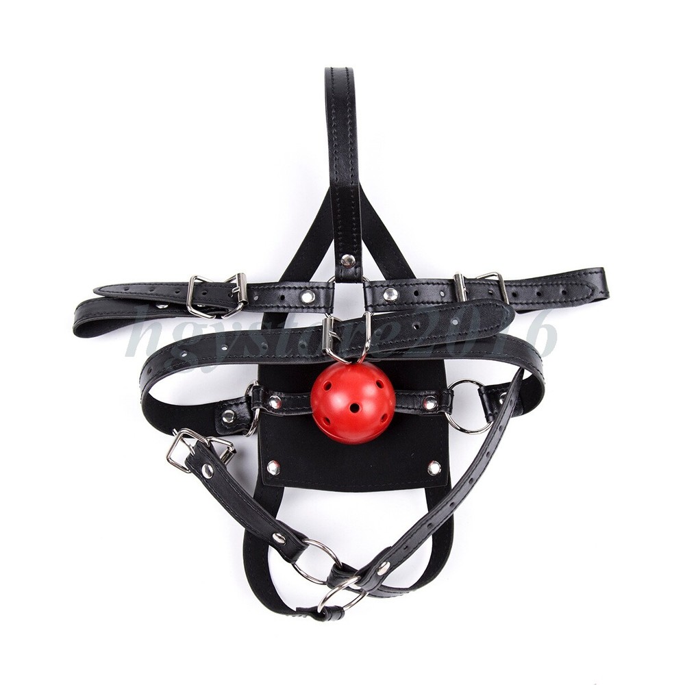 Faux Leather Head Hood Open Mouth Gags Muzzle Strap Half Face Restraint