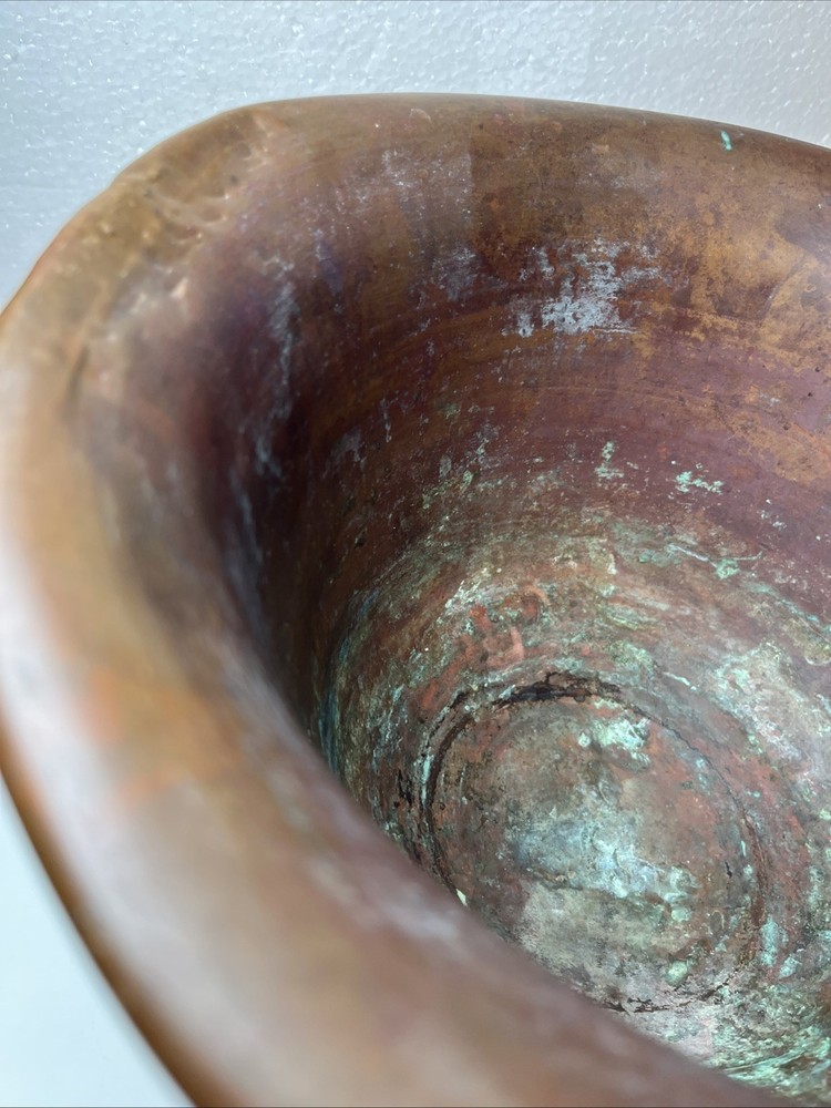 Primitive Copper Mixing Basin Rounded Base Rolled Rim Patina
