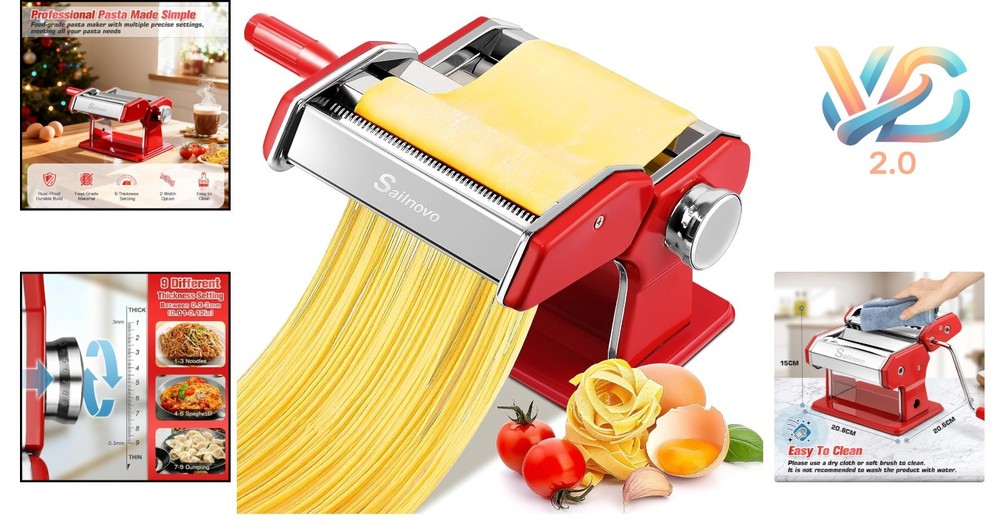 Red 180 Roller Manual Pasta Maker Machine with 9 Thickness Settings