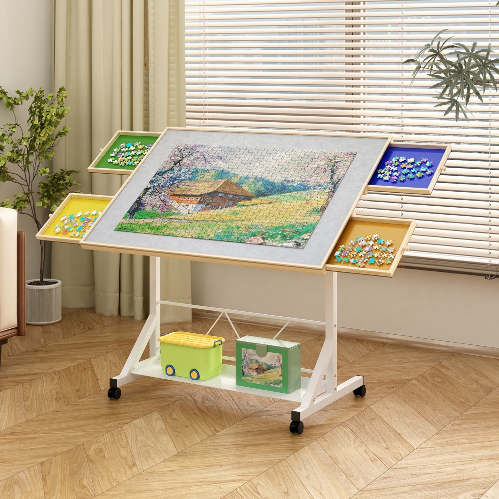 White 1500 Piece Puzzle Table Adjustable Tilting with Drawers & Wheels