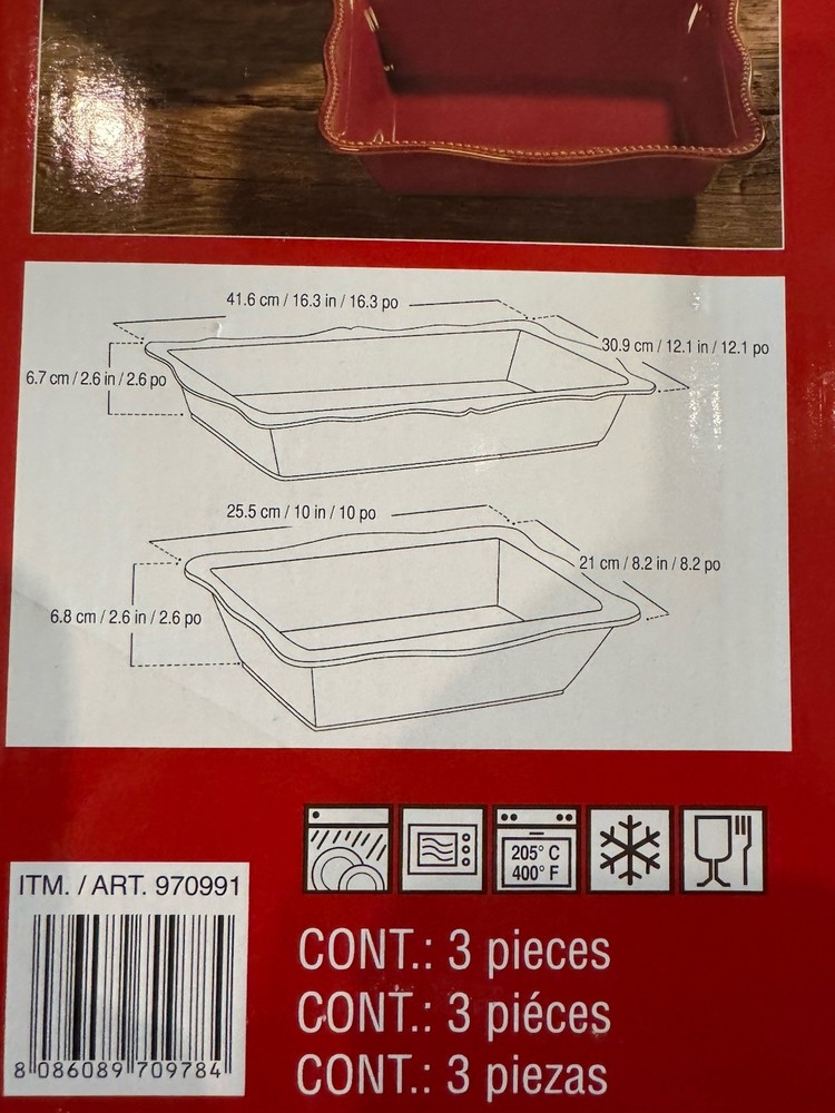 Three-Piece Red Ceramic Stoneware Rectangular Wavy Edge Baking Dish Set