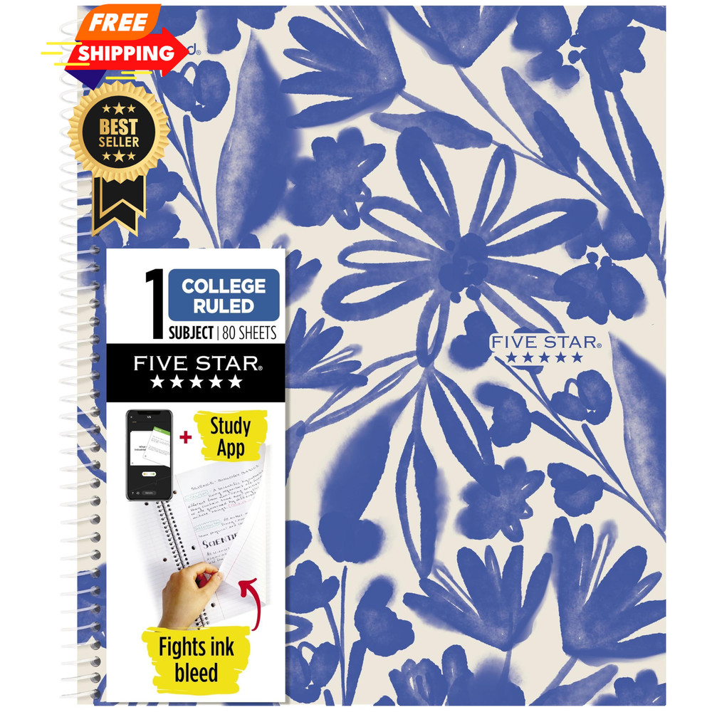 Five Star Spiral Notebook + Study App, 1 Subject, 1 Pack, Soft Petals Blue