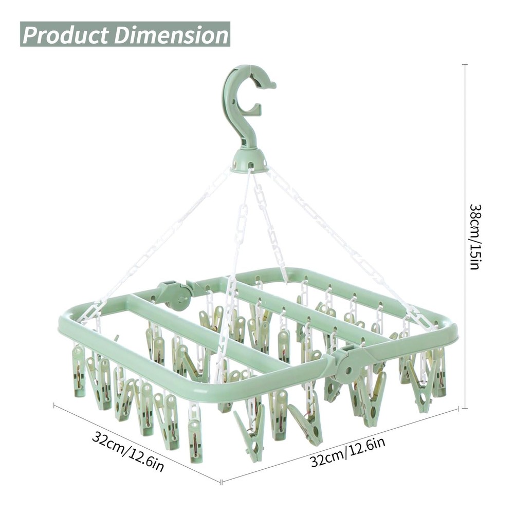 Clothes Drying Rack with 32 Clips, Foldable Hanging Rack, 360° Rotatable Hook...