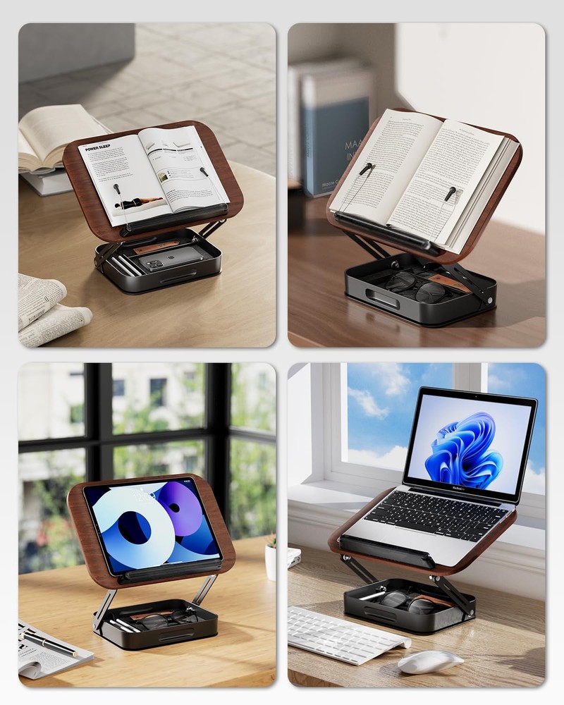 Adjustable Book Stand for Reading with Storage – 360° Rotating Base Height Ad...