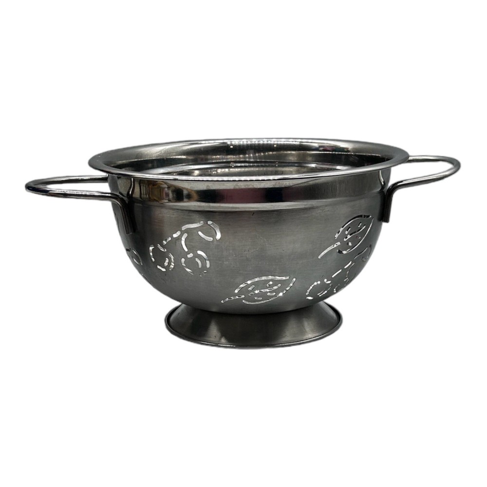 Metal Colander Strainer Cherries & Leaf Pattern Small Silver Farmhouse 8.5" D