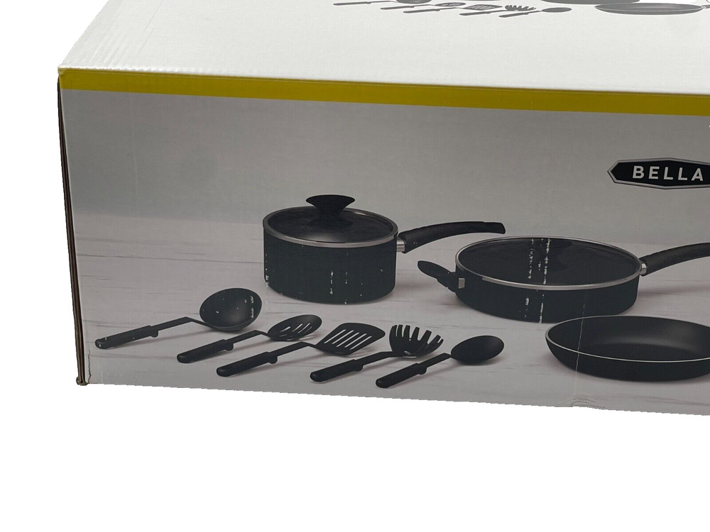 BELLA 12 Piece Nonstick Kitchen Essentials Cookware Set black New