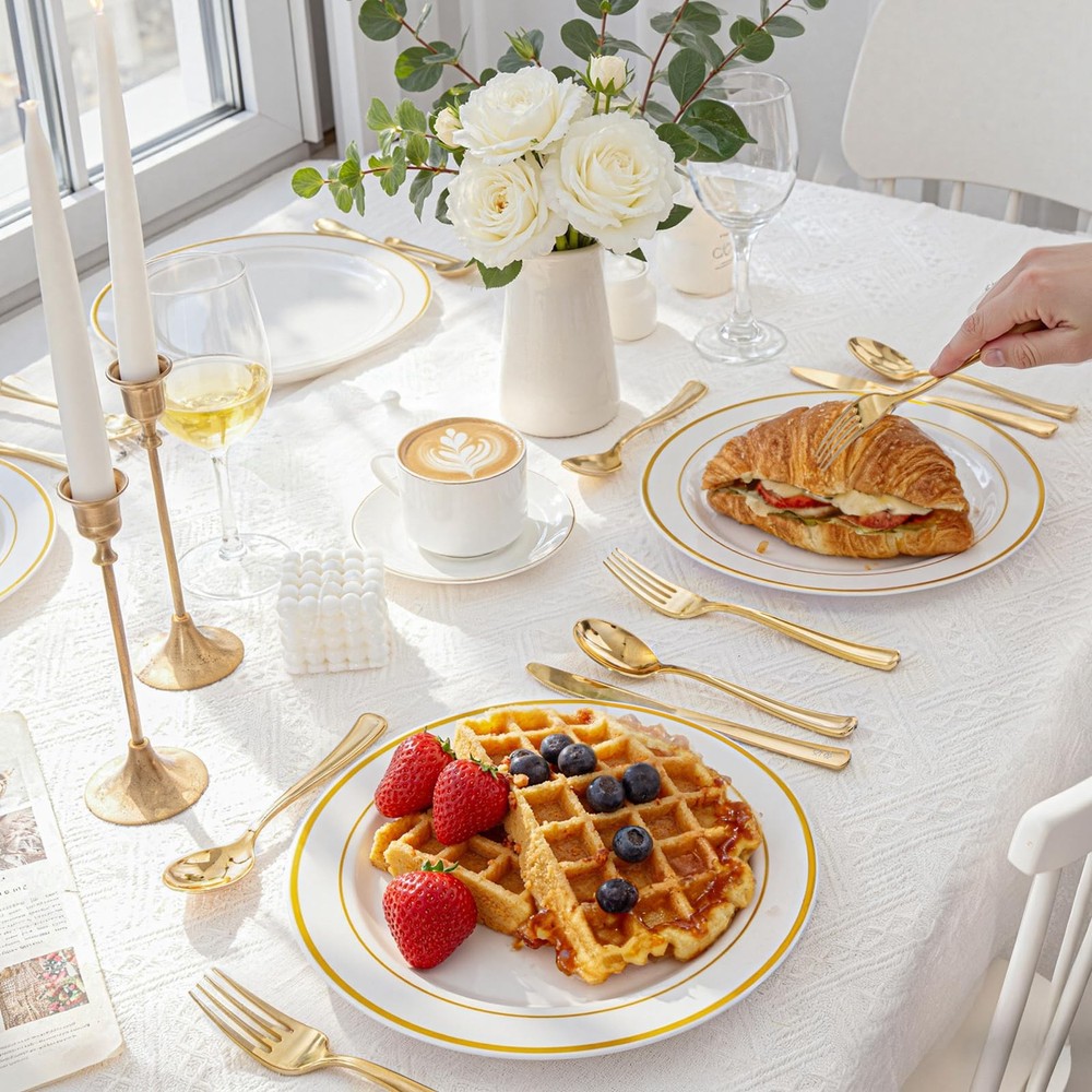 120 Pieces Gold Plastic Silverware - Disposable Flatware Set - Heavy Duty Pla...