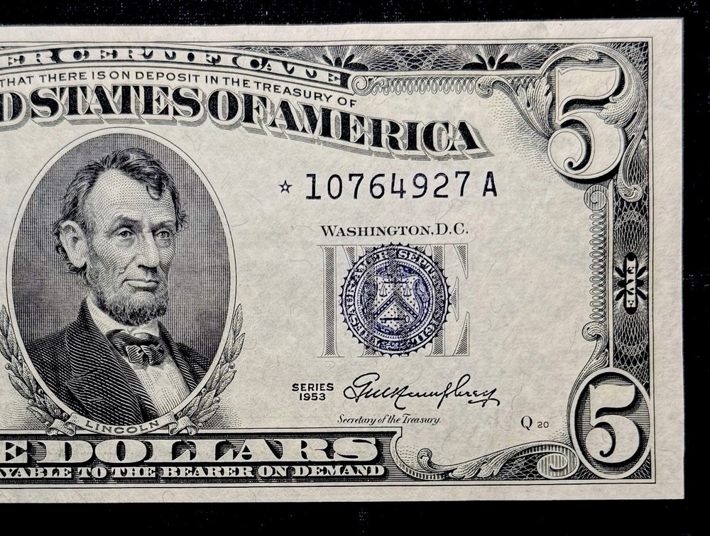 1953 $5 Silver Certificate • Star Note • Uncirculated */A Block
