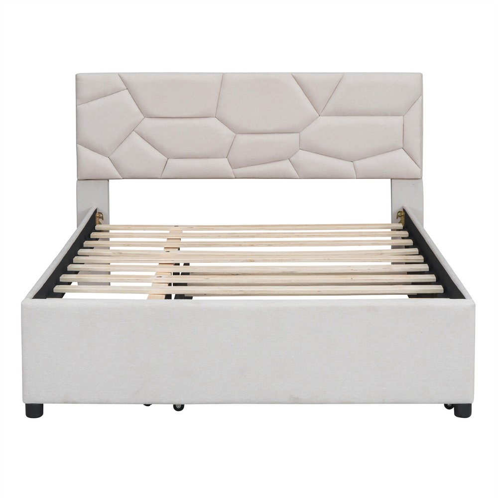 Full/Queen Size Bed Frame Upholstered Platform Bed w/ Headboard Beige/Gray