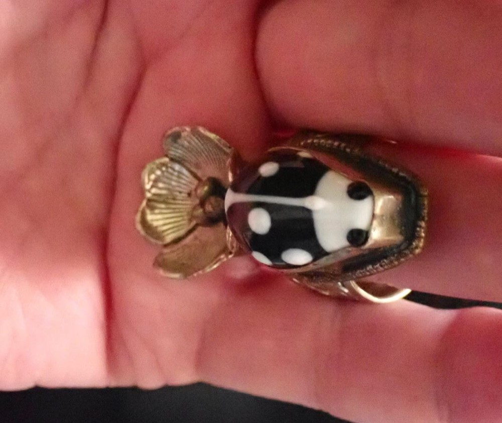 Ladybug with Flower Ring Adjustable Tibetan silver