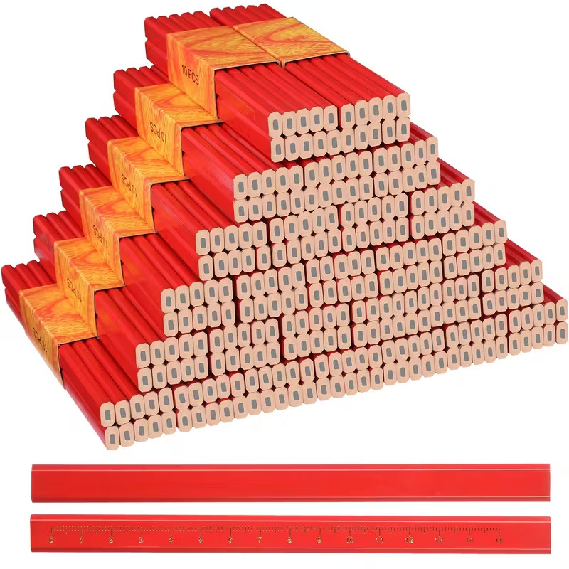 300pc Bulk Carpenter Pencils 7" Red Octagonal Marking w/ Ruler