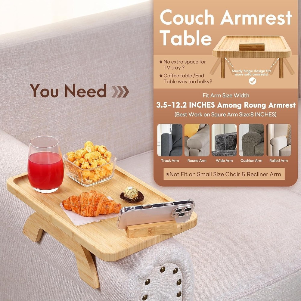 Modern Bamboo Armrest Table for Snacks/Remote, Rectangular