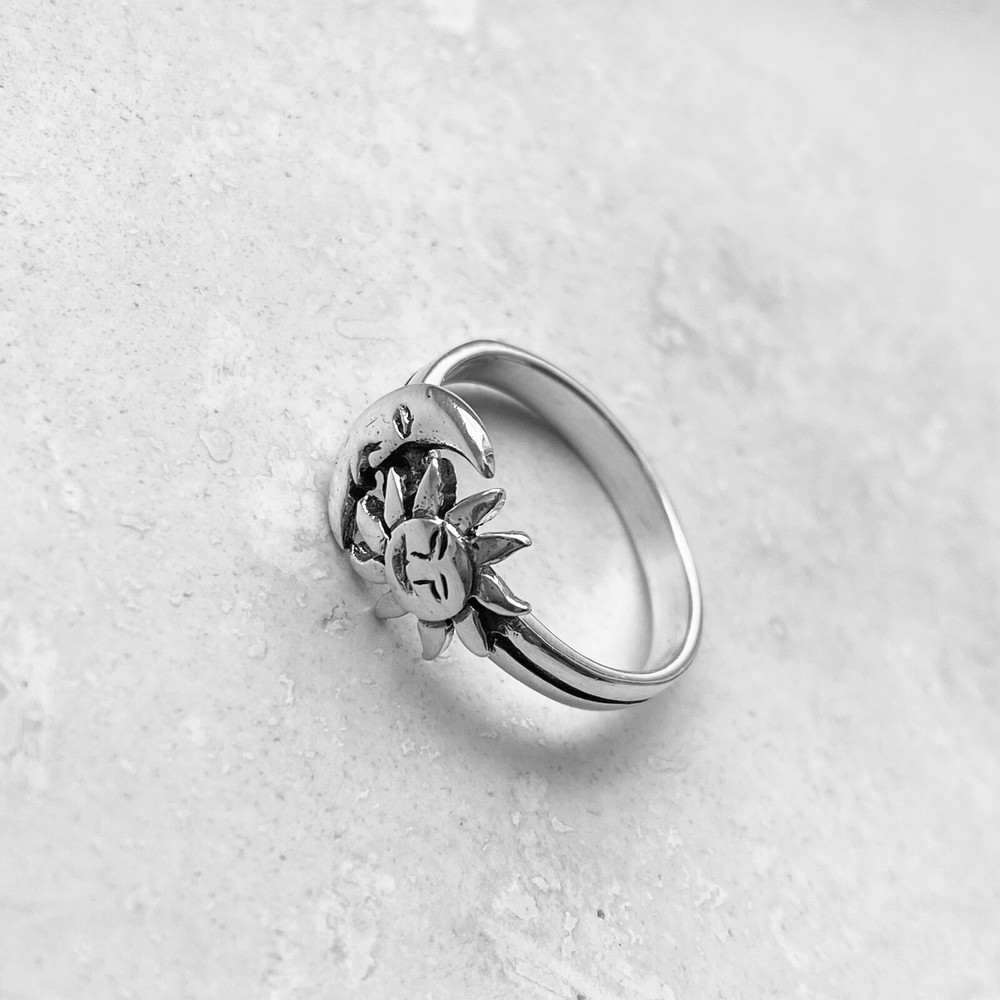 Sterling Silver Face Moon and Sun Ring, Silver Ring, Boho Ring, Moon Ring