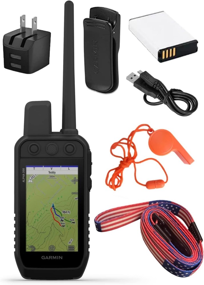 Garmin Alpha 200 Handheld Multi-Dog Tracker & Trainer w/Whistle and Leash Bundle