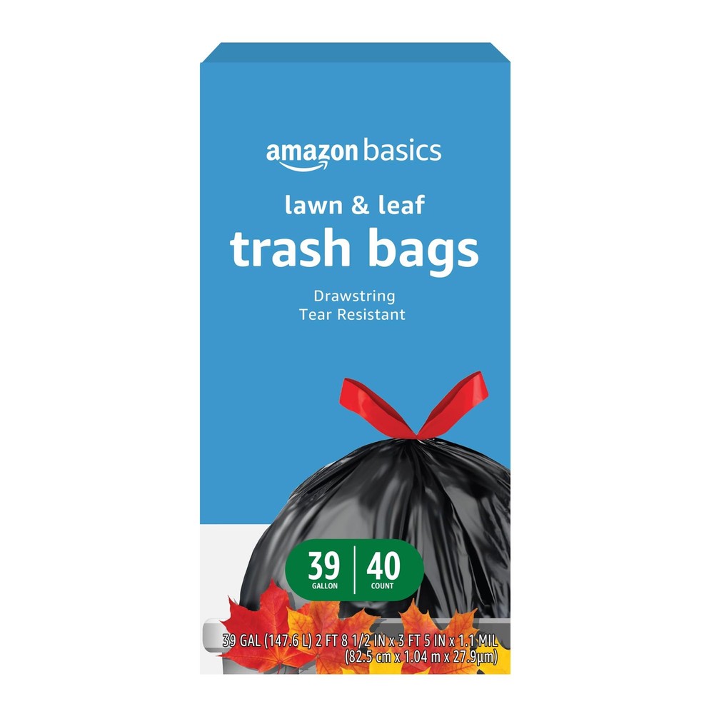 Amazon Basics Lawn & Leaf Drawstring Trash 40 Count (Pack of 1), Red,Black