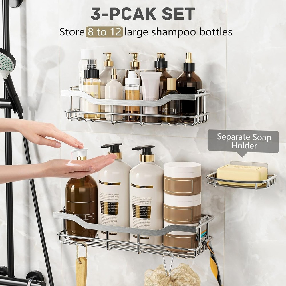 3-Pack Shower Caddy with Soap Holder, Adhesive Rustproof No-drill Strudy Load...