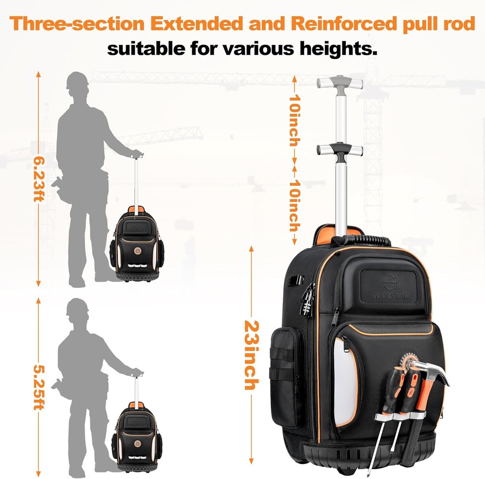 Rolling Tool Backpack with Wheels, 75 Pockets & Lock for Electricians