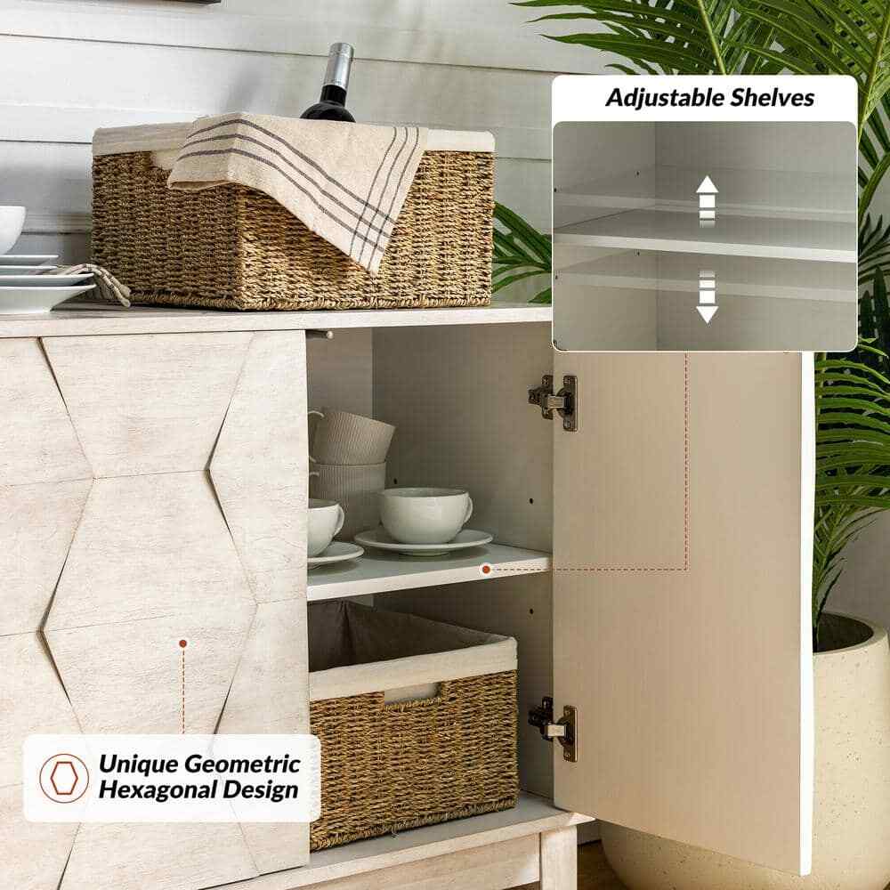 Modern Sideboard Hexagonal Embellishments with Solid Wood Legs White 60 In. New