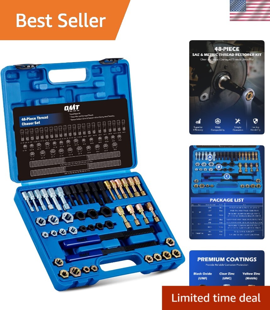 Durable 48-Piece Metric & SAE Thread Restorer Set with Organized Storage Case