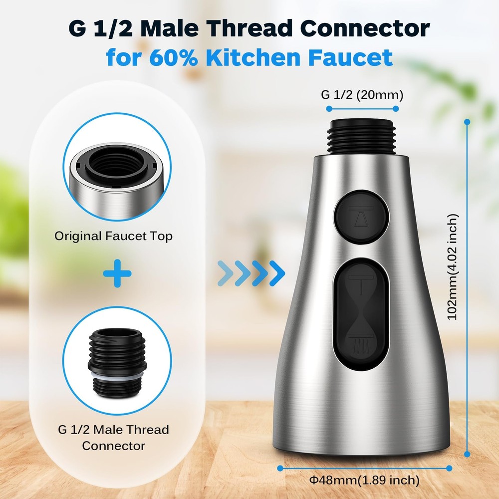 Kitchen Faucet Head Replacement 3 Modes with 17 Adapters, Pull Down Spray Hea...