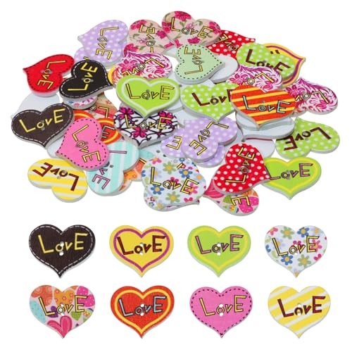 Mixed Heart Shape ButtonsPcs Assorted Pattern & Color Flat Back 2 Holes 50