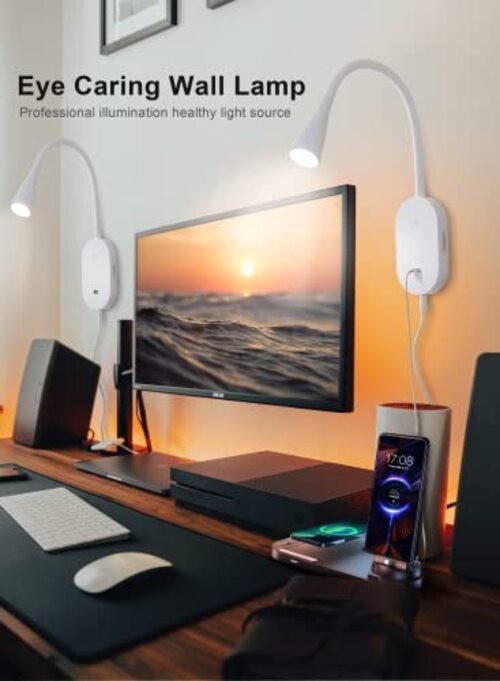 LED Wall Mount Reading Light for Bed, Reading Lamp with USB White-2 Pack